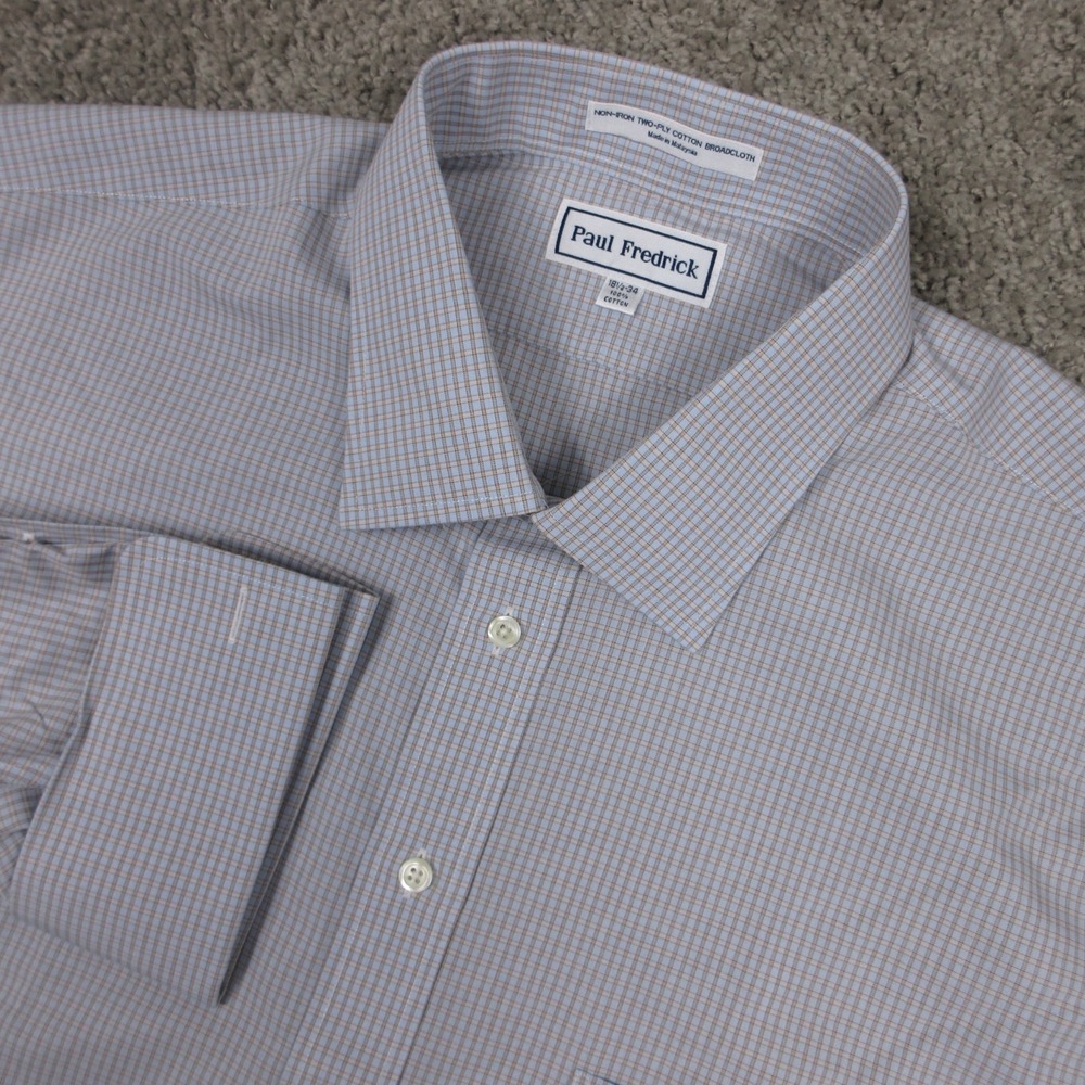 Paul Fredrick Shirt Mens 2XL 18.5 34 Gray Blue Plaid Non Iron Dress Button Up